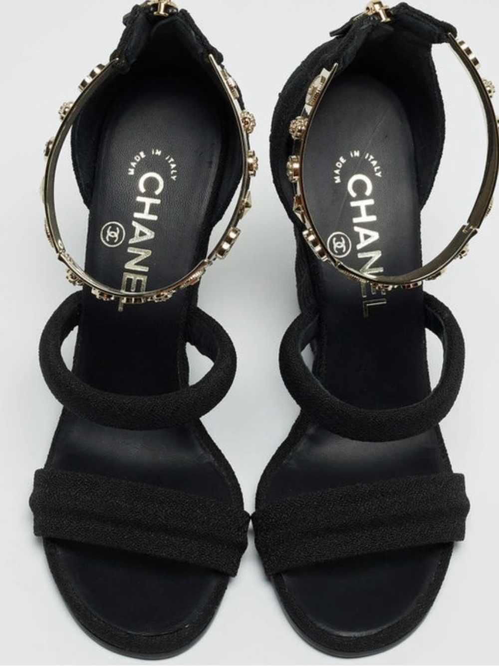 CHANEL Black Canvas Logo Lucky Charms Wedge Sandals - Picture 14 of 16